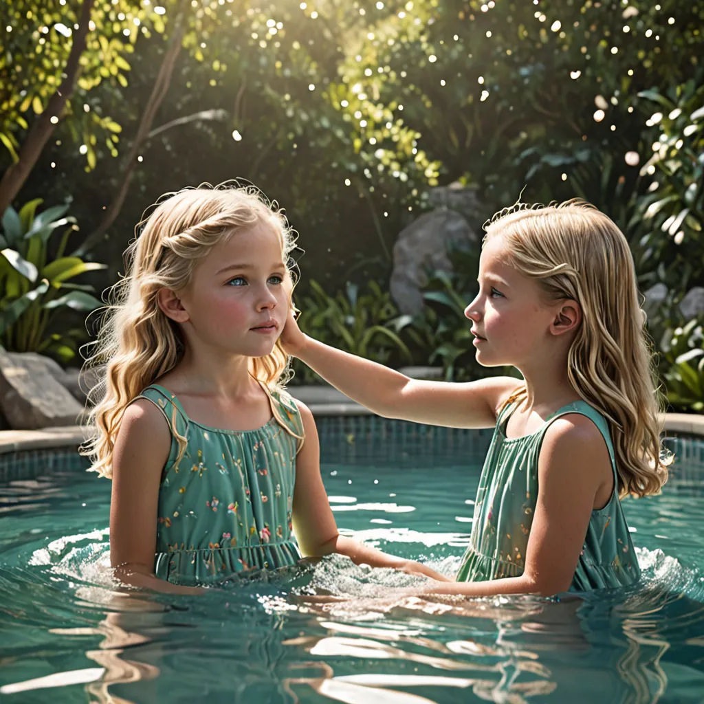 two little girls in a pool touching each other's foreheads with their hands, with trees in the background, magic realism, a stock photo, Christian Hilfgott Brand, promotional image