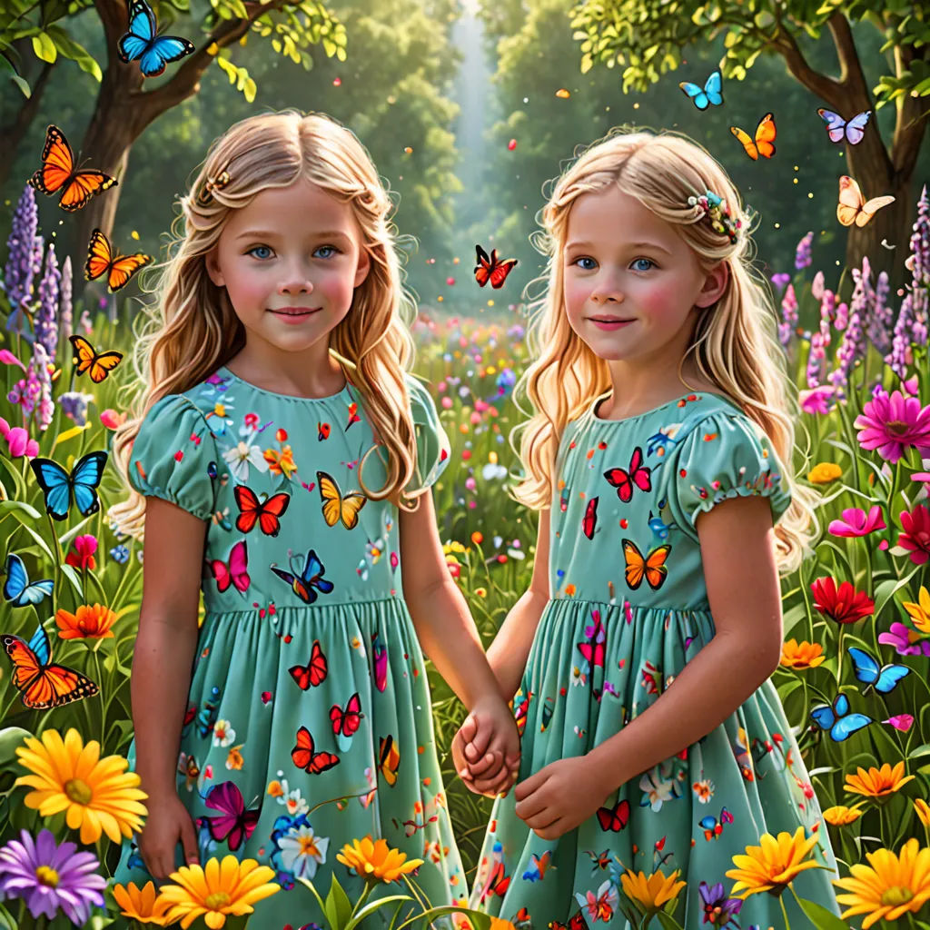 two little girls standing in a field of flowers with butterflies on their wings and a butterfly in their hair, magic realism, a photorealistic painting, Daniel Lieske, highly detailed digital painting