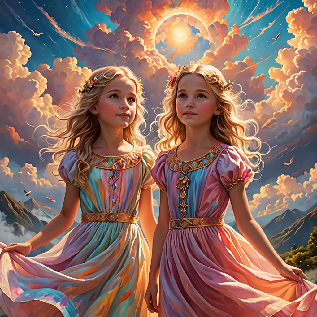 two girls in dresses standing in front of a painting of a sun and clouds with mountains in the background, fantasy art, a detailed painting, Anne Stokes, highly detailed digital painting