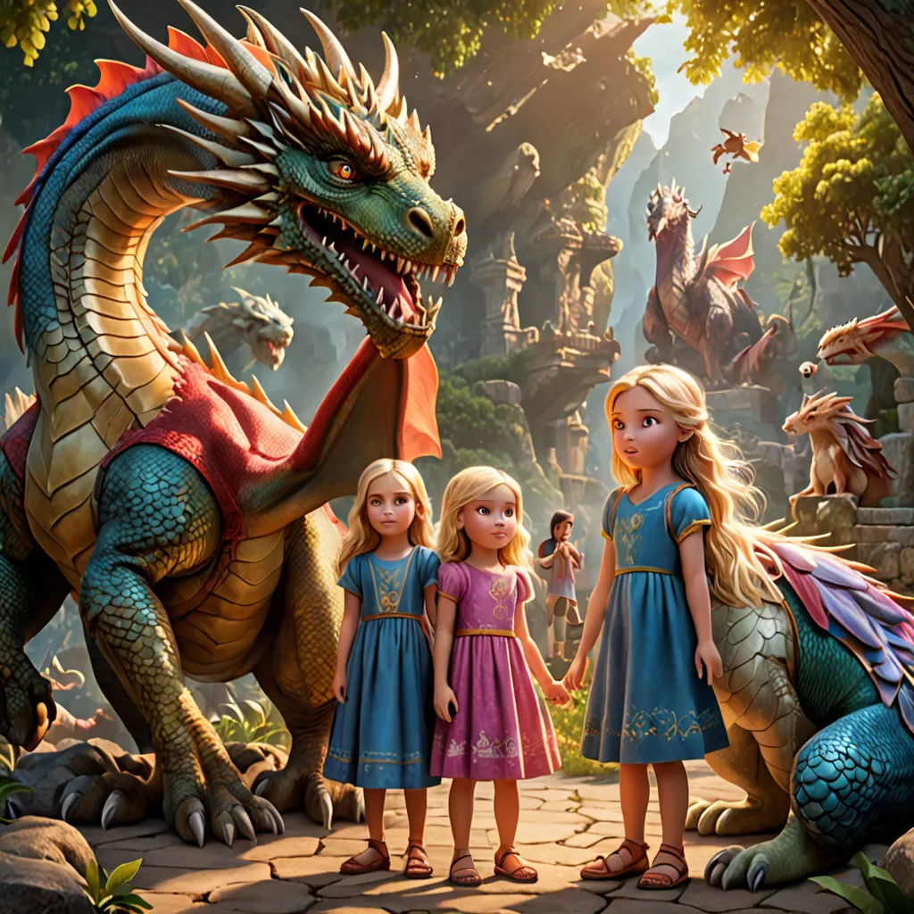 a group of children standing next to a dragon statue in a forest with other children standing around it and a woman standing next to the dragon, furry art, a poster, disney, promotional image