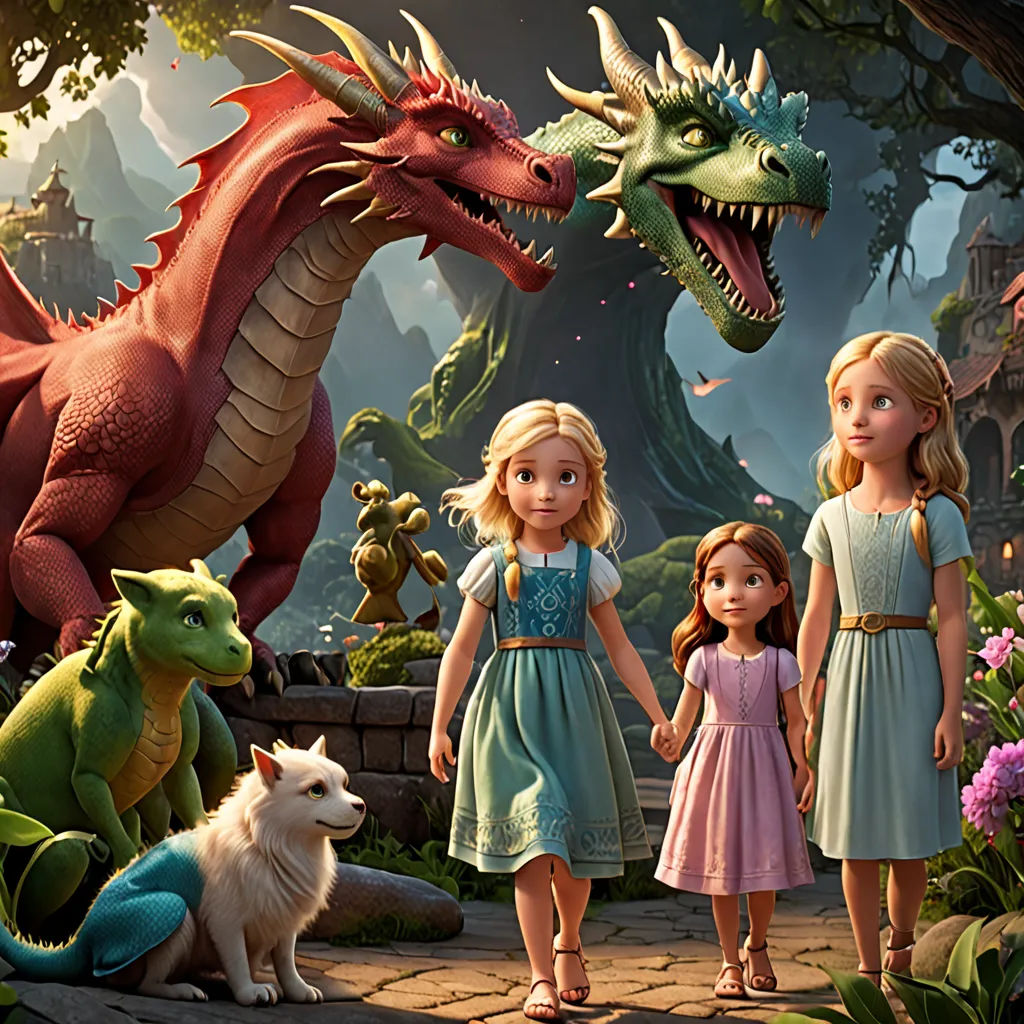 a group of children standing next to a dragon and a dog in a forest with flowers and trees in the background, furry art, a storybook illustration, disney, promotional image