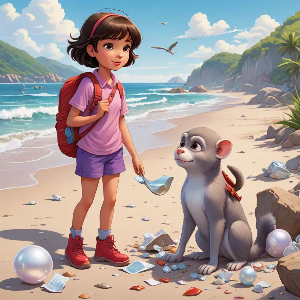 a girl and a dog on a beach with a lot of trash on the ground and a bird flying over the beach, sots art, a storybook illustration, Chris LaBrooy, official art