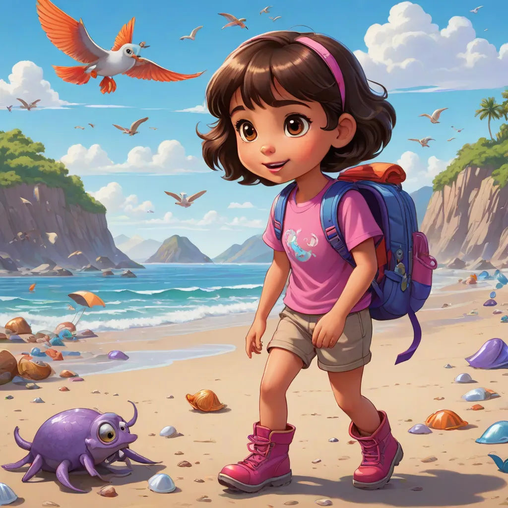 a girl with a backpack and a backpack on a beach with a bird flying over her head and a seagull in the background, sots art, a storybook illustration, Cliff Childs, key art