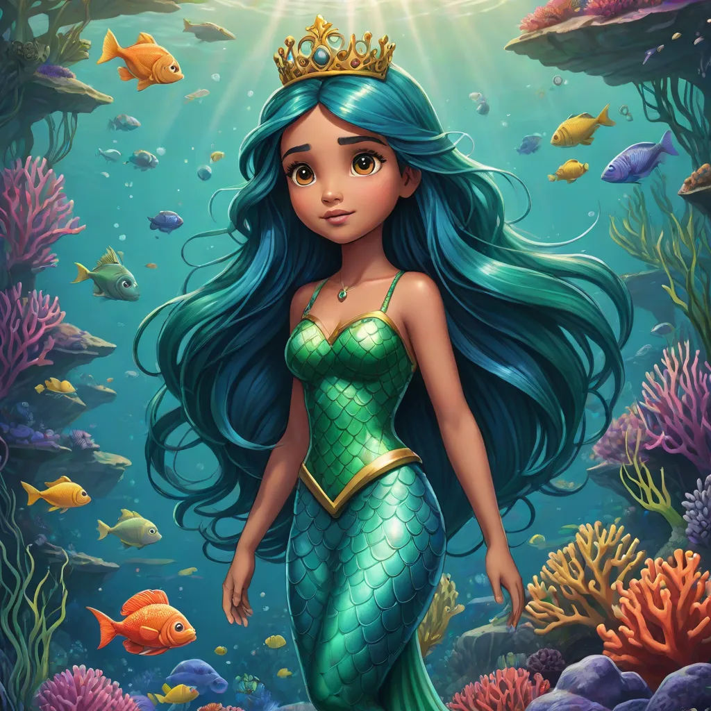 a mermaid with blue hair and a crown standing in the water with fish around her neck and a gold crown on her head, fantasy art, a character portrait, Cliff Childs, rossdraws global illumination