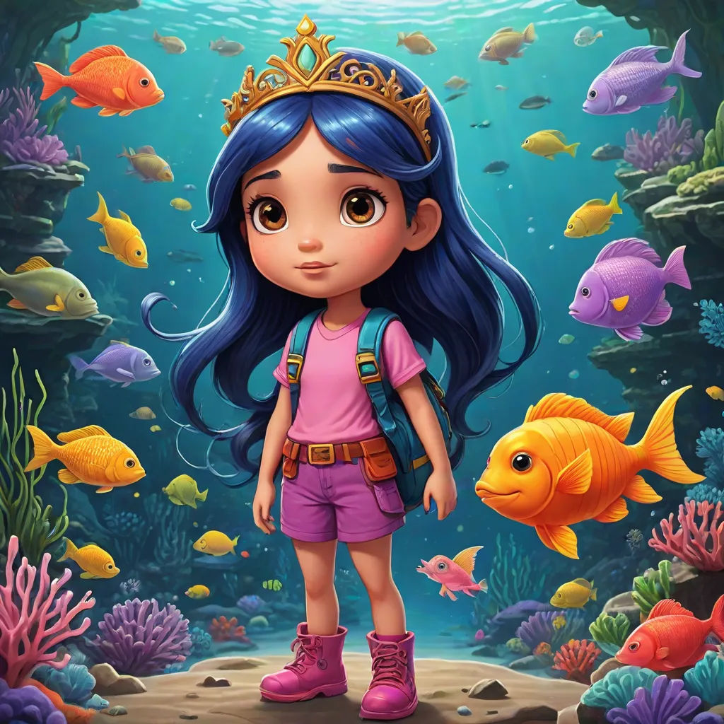 a cartoon girl with blue hair and a crown standing in front of a coral reef with fish and corals, pop surrealism, a storybook illustration, Alice Prin, highly detailed digital painting