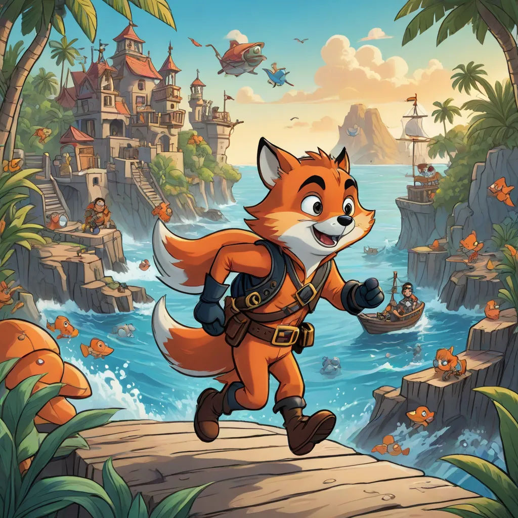 a cartoon fox running across a bridge over a river with a boat in the background and a pirate ship in the background, sots art, concept art, Cliff Childs, key art