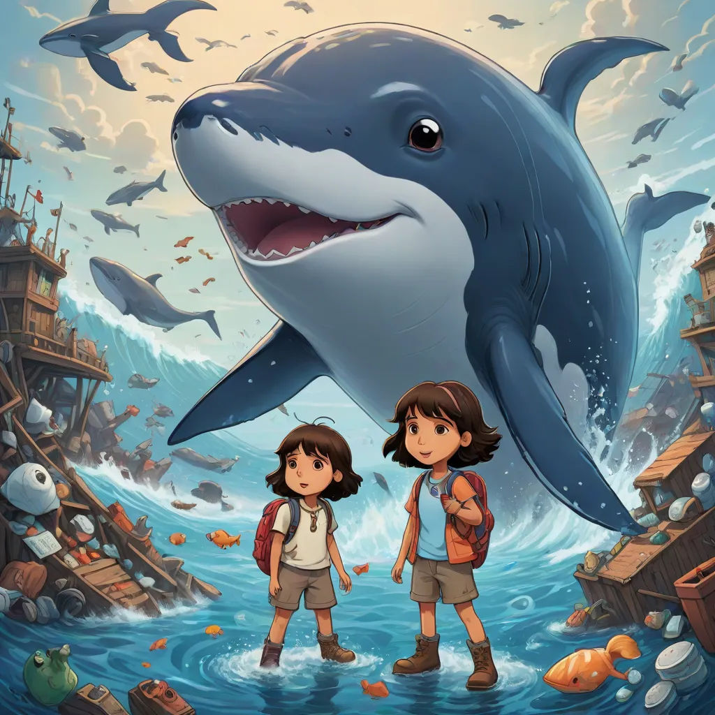 a cartoon of two children standing in front of a whale with a ship in the background and a shark in the water, serial art, a storybook illustration, Cliff Childs, 2 d game art