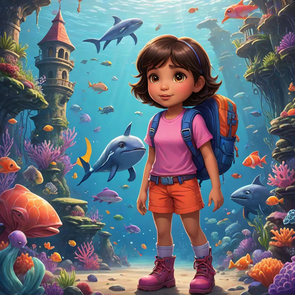 a girl standing in front of a sea of fish and corals with a backpack on her back and a dolphin in the background, pop surrealism, a storybook illustration, Cliff Childs, key art