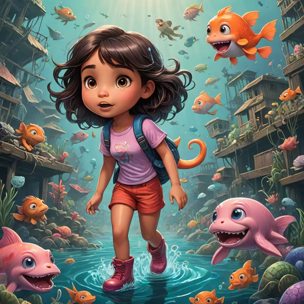 a girl is walking through a sea with fish and other animals in the background, and a fish - like creature is in the water, pop surrealism, poster art, Cliff Childs, promotional image