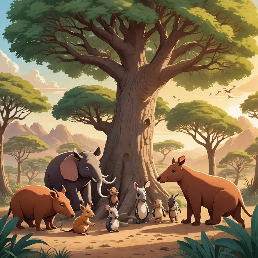 a group of animals standing around a tree in a forest with mountains in the background and a sky background, naturalism, a storybook illustration, Chris LaBrooy, official art
