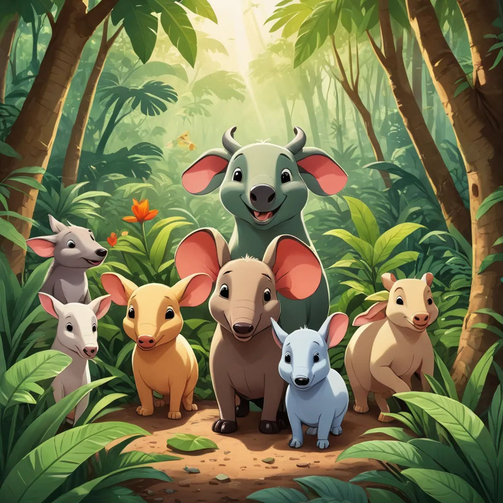 a group of animals standing in the middle of a forest with a sun shining behind them and a jungle scene, sots art, a storybook illustration, Cliff Childs, promotional image