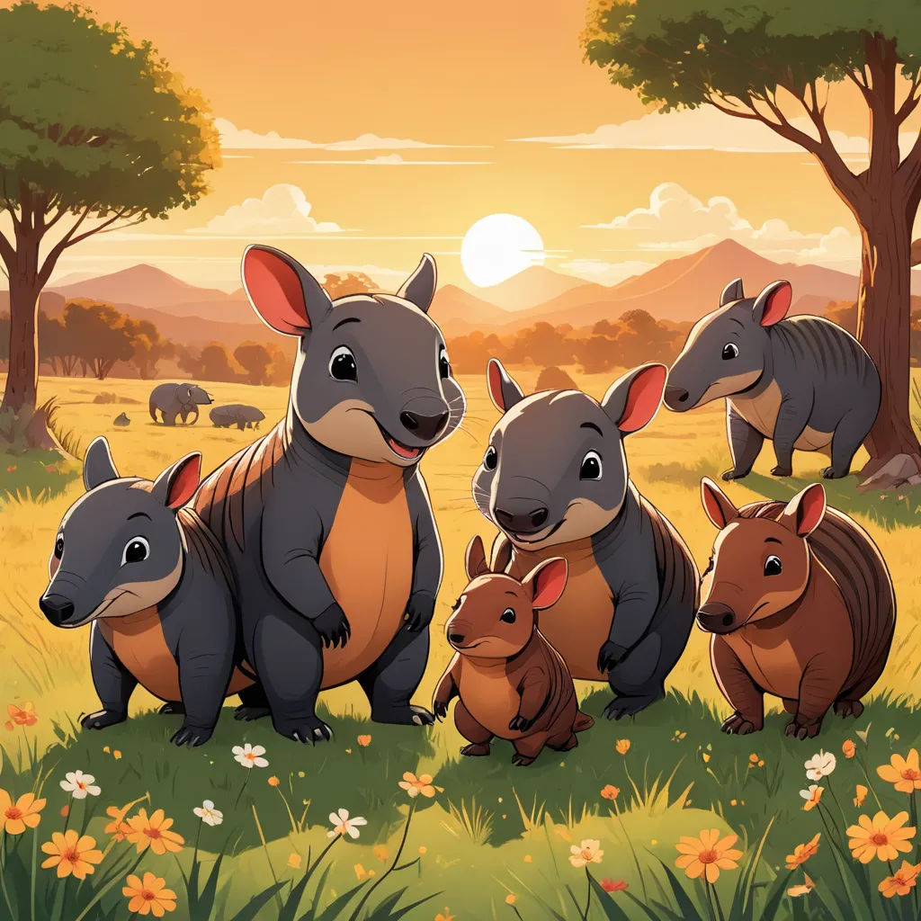 a group of animals standing in a field at sunset with a baby one in the foreground and a mother kangaroo in the background, sots art, a storybook illustration, Chris LaBrooy, official art