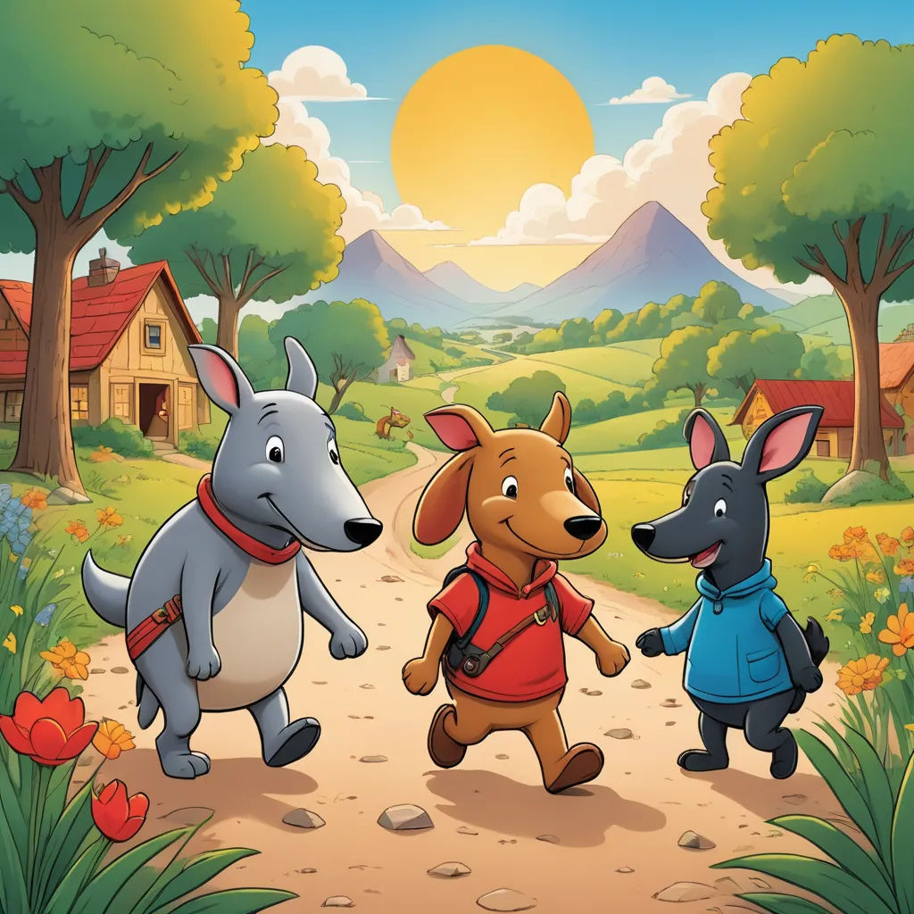 a group of animals walking down a dirt road next to a forest and a house on a hill with a sun in the background, sots art, a storybook illustration, Bela Čikoš Sesija, promotional image