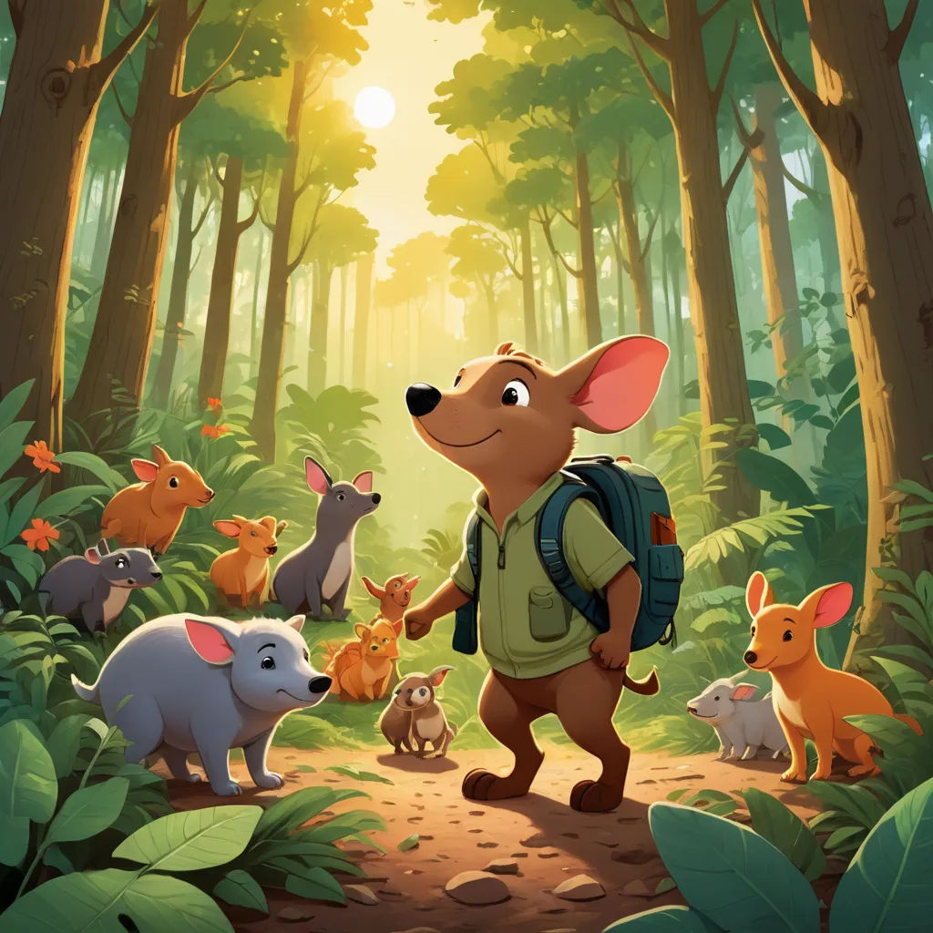 a cartoon mouse with a backpack and many other animals in the woods, with the sun shining through the trees, furry art, poster art, Cliff Childs, promotional image
