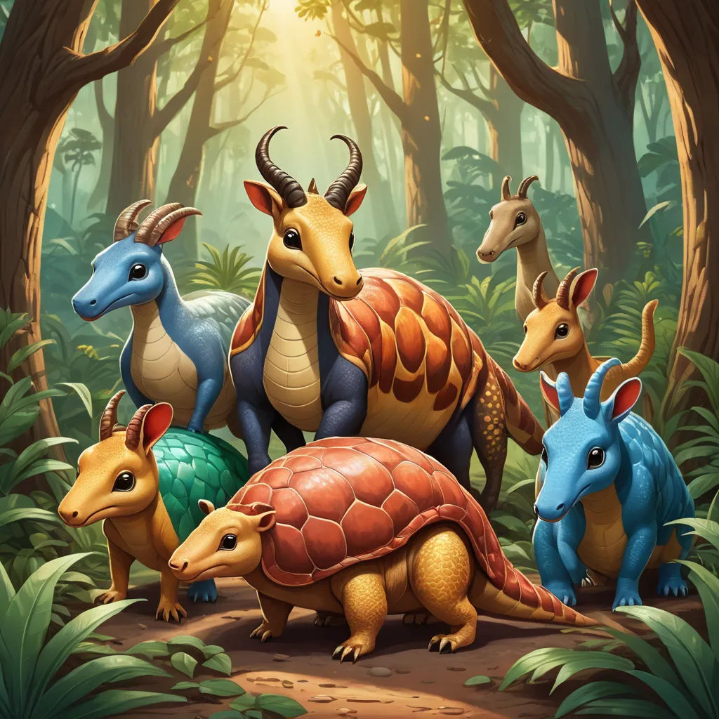 a group of animals that are standing in the dirt near trees and bushes, with a sun shining through the trees, sots art, a jigsaw puzzle, Chris LaBrooy, game art
