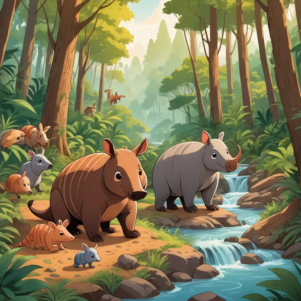 a group of animals walking through a forest next to a river and a forest with trees and bushes on both sides, rayonism, a storybook illustration, Chris LaBrooy, official art