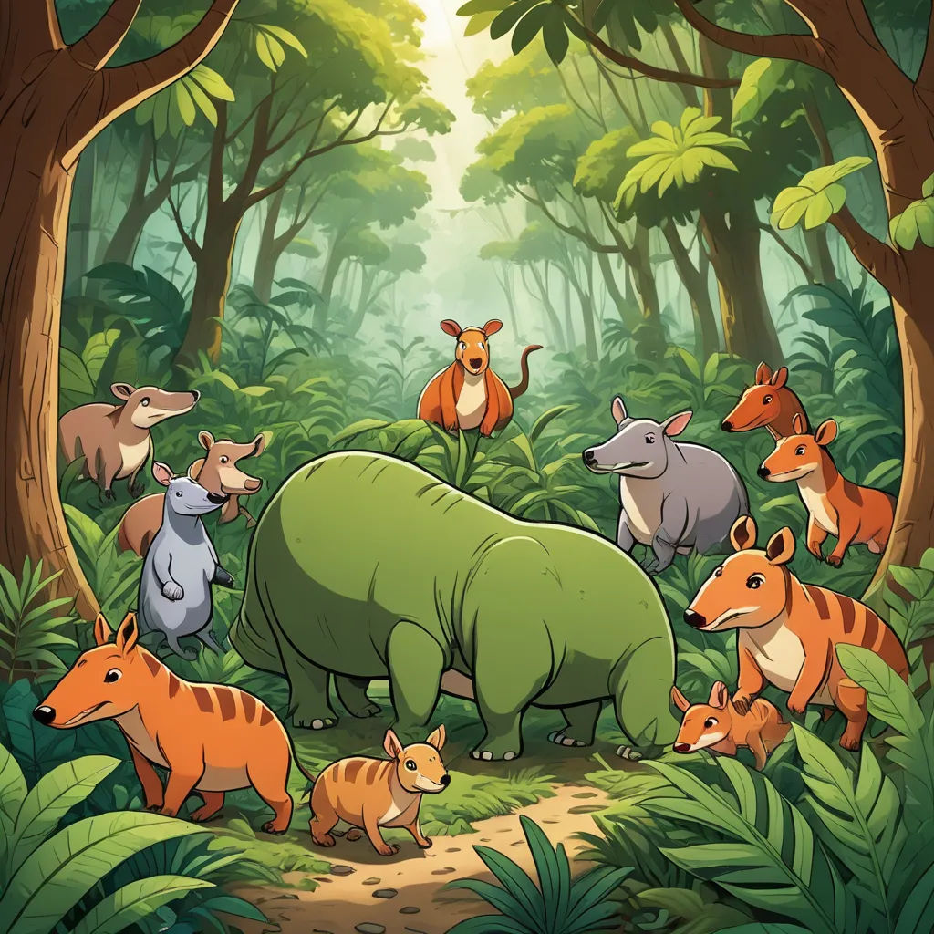 a group of animals in a jungle with a rhinoceros and other animals in the background, illustration, primitivism, a storybook illustration, Chris LaBrooy, official art