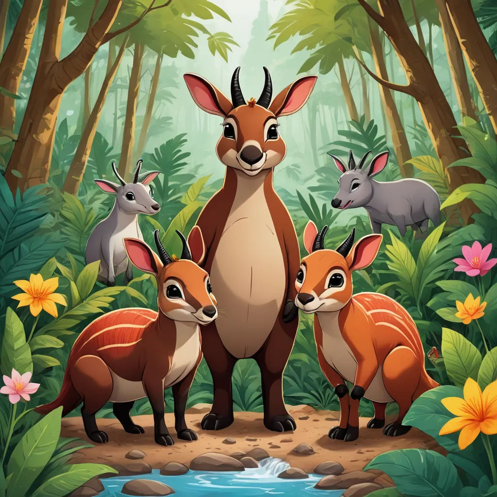 a group of animals standing in the forest near a stream of water and flowers on a sunny day with a stream running through the forest, lyco art, a storybook illustration, Chris LaBrooy, promotional image