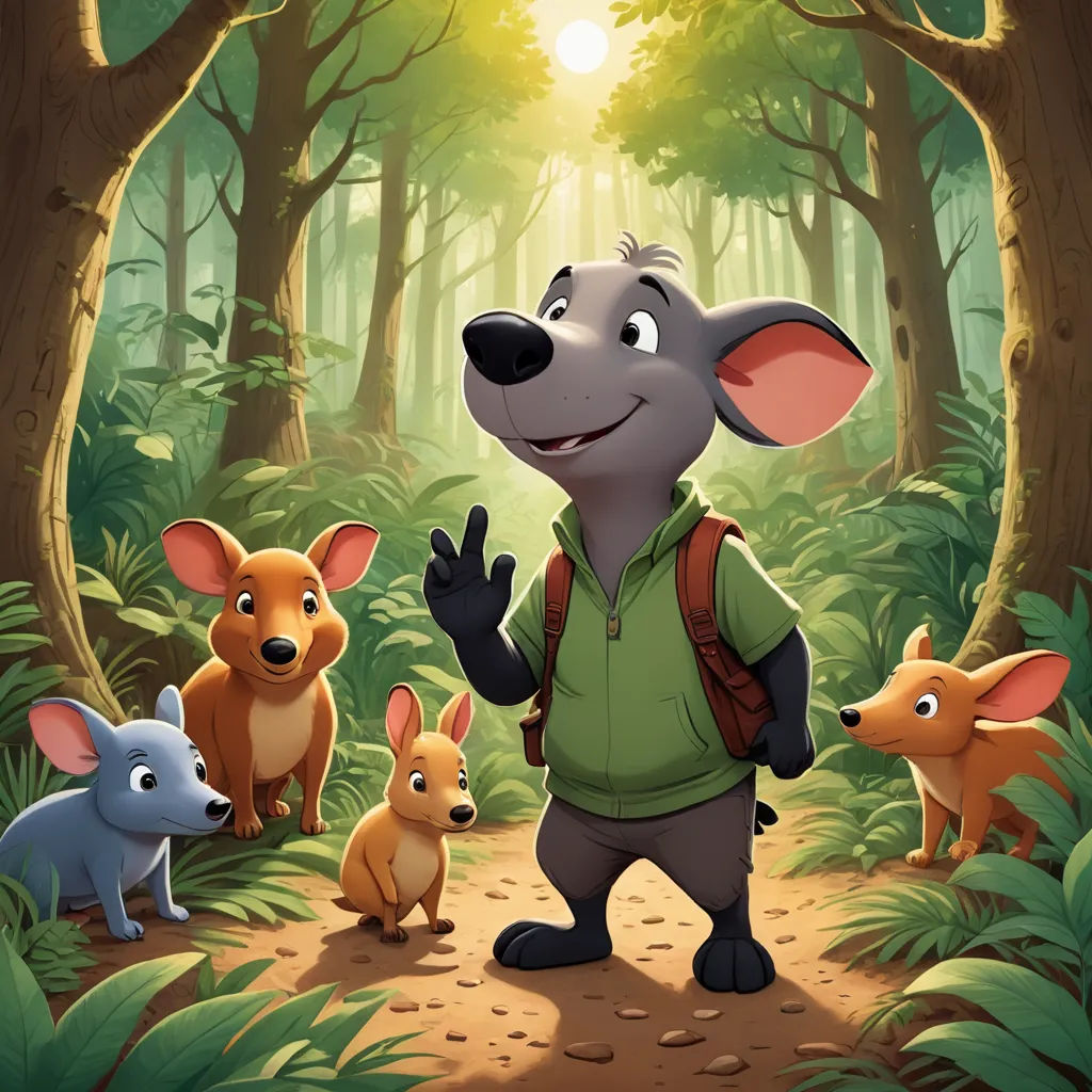 a cartoon mouse standing in the middle of a forest with other animals around him and a sun shining in the background, sots art, a storybook illustration, Cliff Childs, promotional image