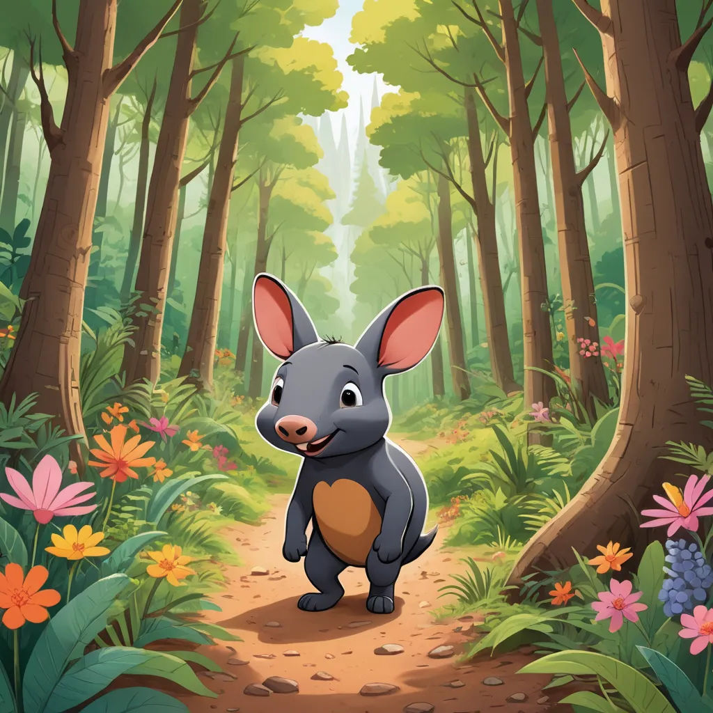 a cartoon animal in the middle of a forest with flowers and trees around it, looking at the camera, sots art, a character portrait, Chris LaBrooy, promotional image