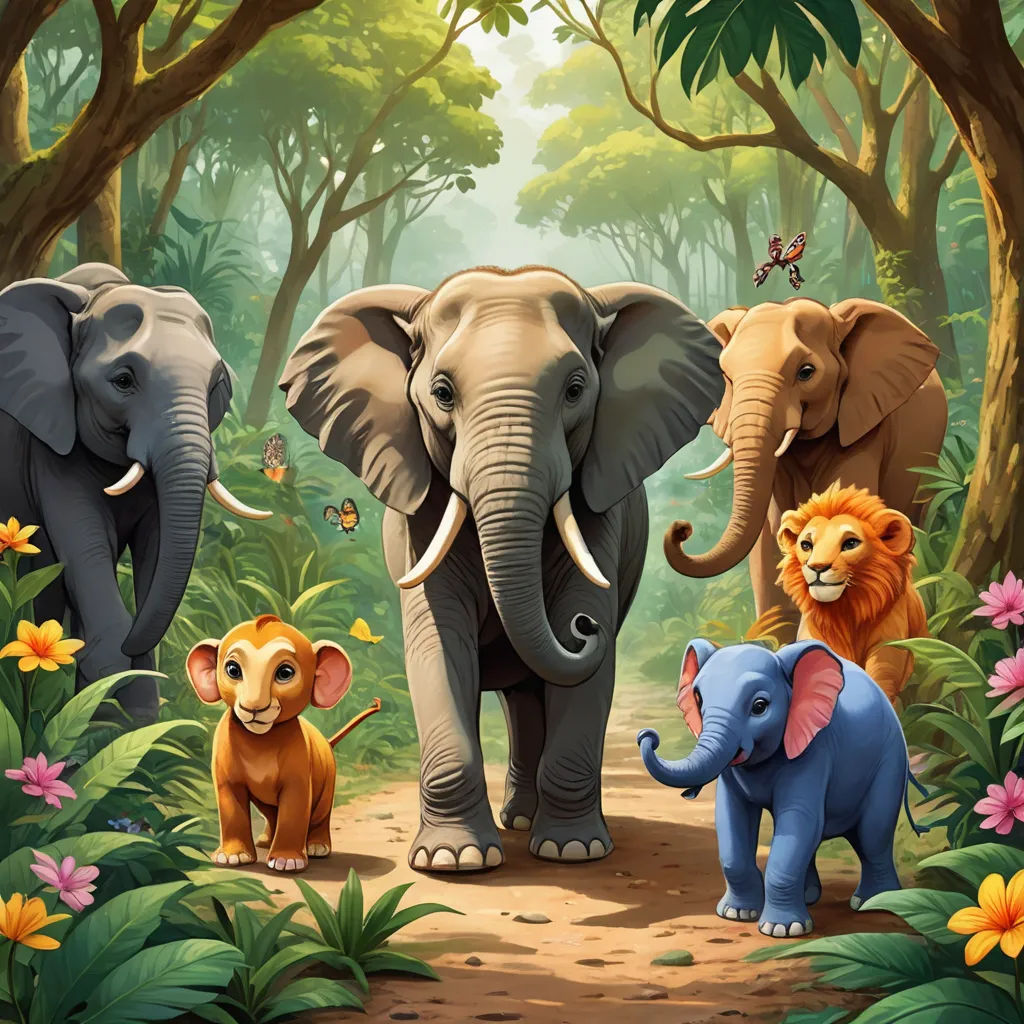 a group of elephants and lions walking through a jungle with flowers and trees in the background, with a butterfly flying above them, sumatraism, a storybook illustration, Chris LaBrooy, promotional image