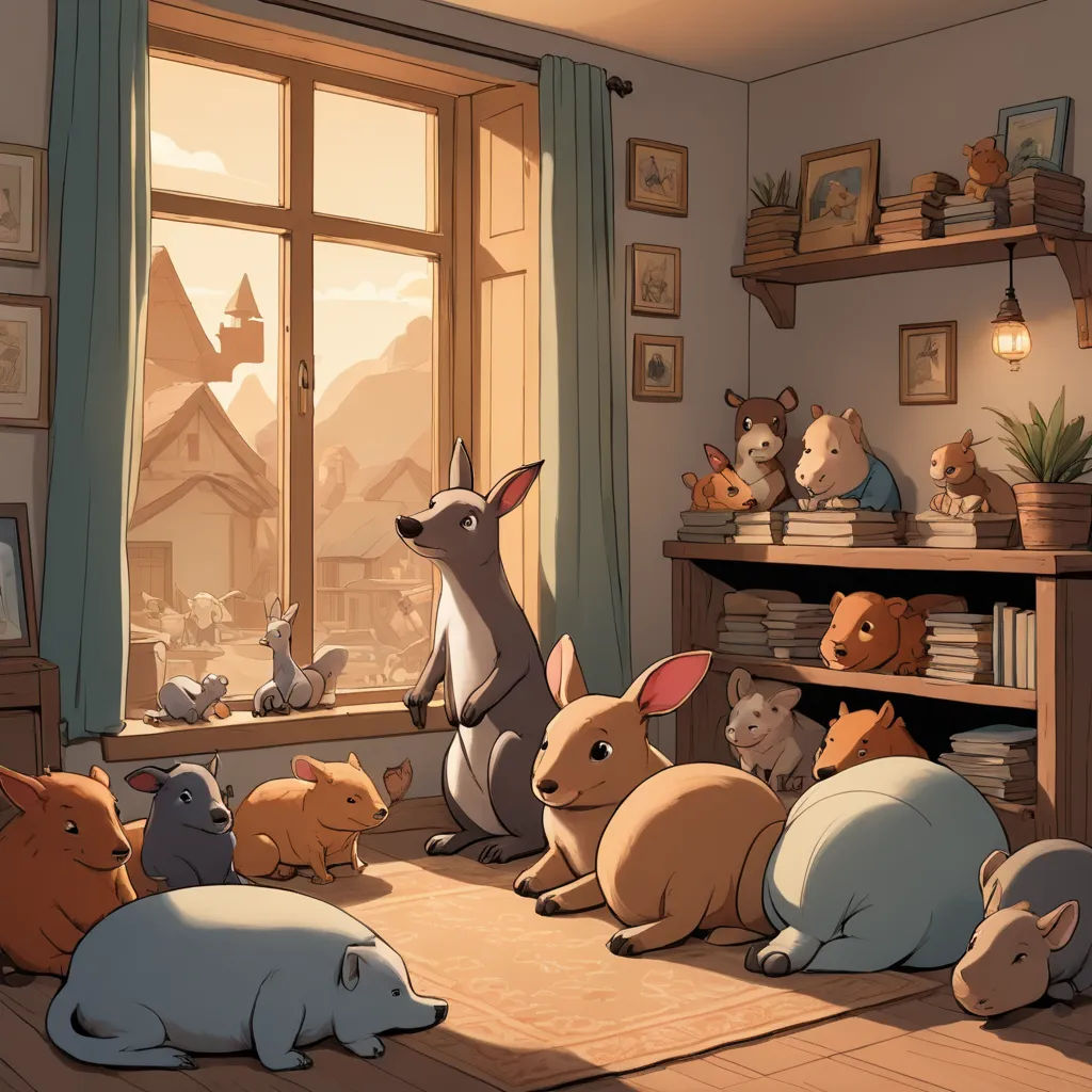 a group of animals sitting on the floor in a room with a window and a book shelf with a book, furry art, a storybook illustration, Chris LaBrooy, rossdraws global illumination