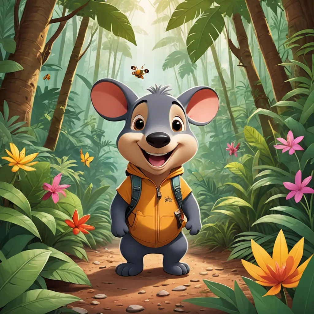 a cartoon mouse in a jungle with a bee on his back and a butterfly on his shoulder, standing in the middle of the jungle, sots art, a character portrait, Cliff Childs, promotional image