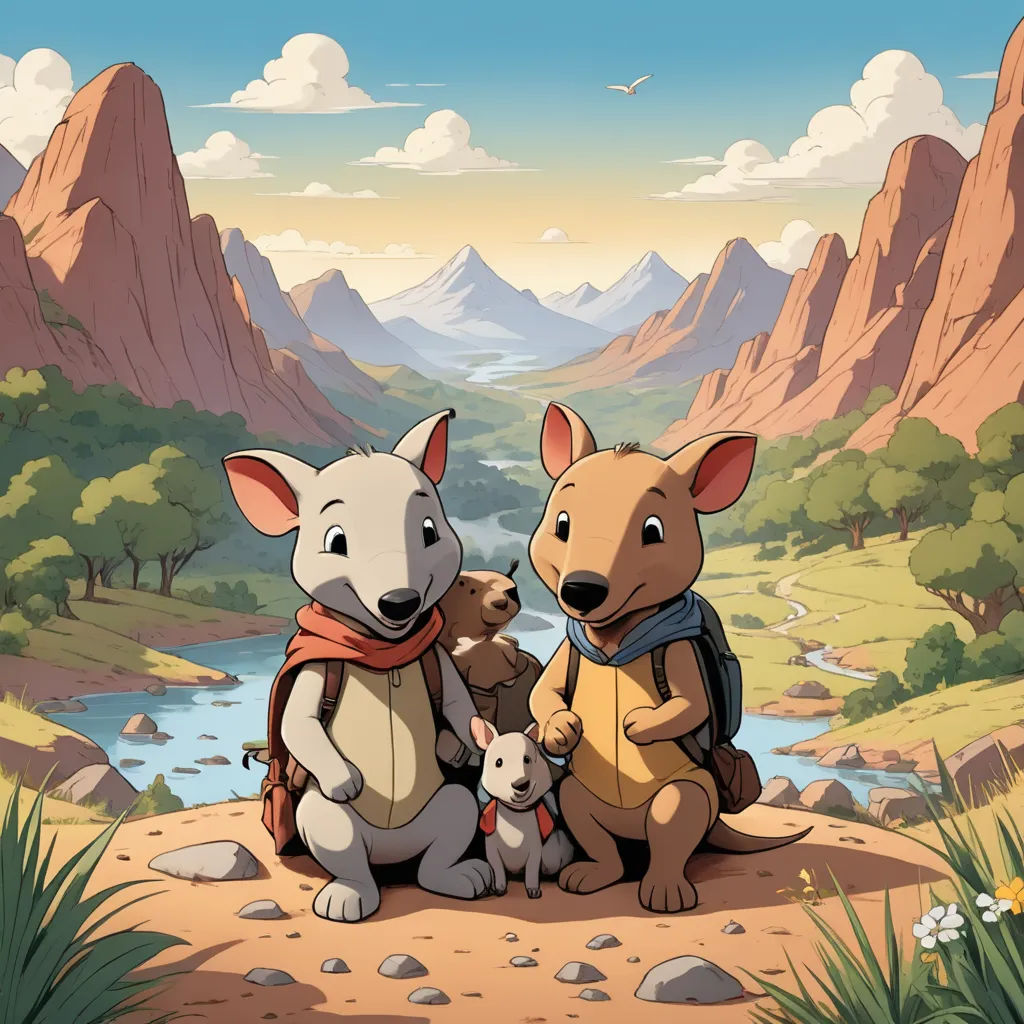 a cartoon of a mouse and a mouse with a dog on a mountain trail with a river and mountains in the background, furry art, a storybook illustration, Anson Maddocks, promotional image