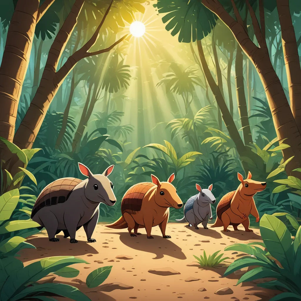 a group of animals walking through a forest on a sunny day with sun shining through the trees and leaves, sots art, a storybook illustration, Chris LaBrooy, official art