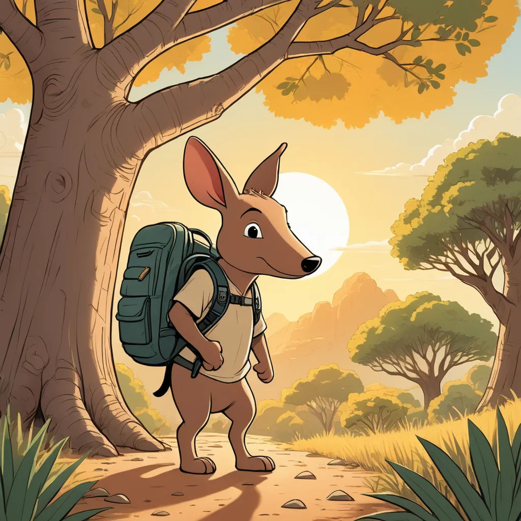 a kangaroo with a backpack is standing in the woods near a tree and a path with a trail leading to it, furry art, a storybook illustration, Anson Maddocks, rossdraws global illumination