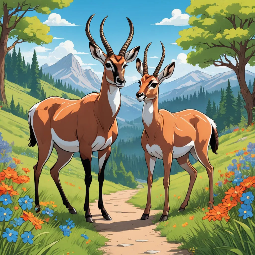 two antelope standing on a path in a field of flowers and trees with mountains in the background, lyco art, an airbrush painting, Chris LaBrooy, furaffinity