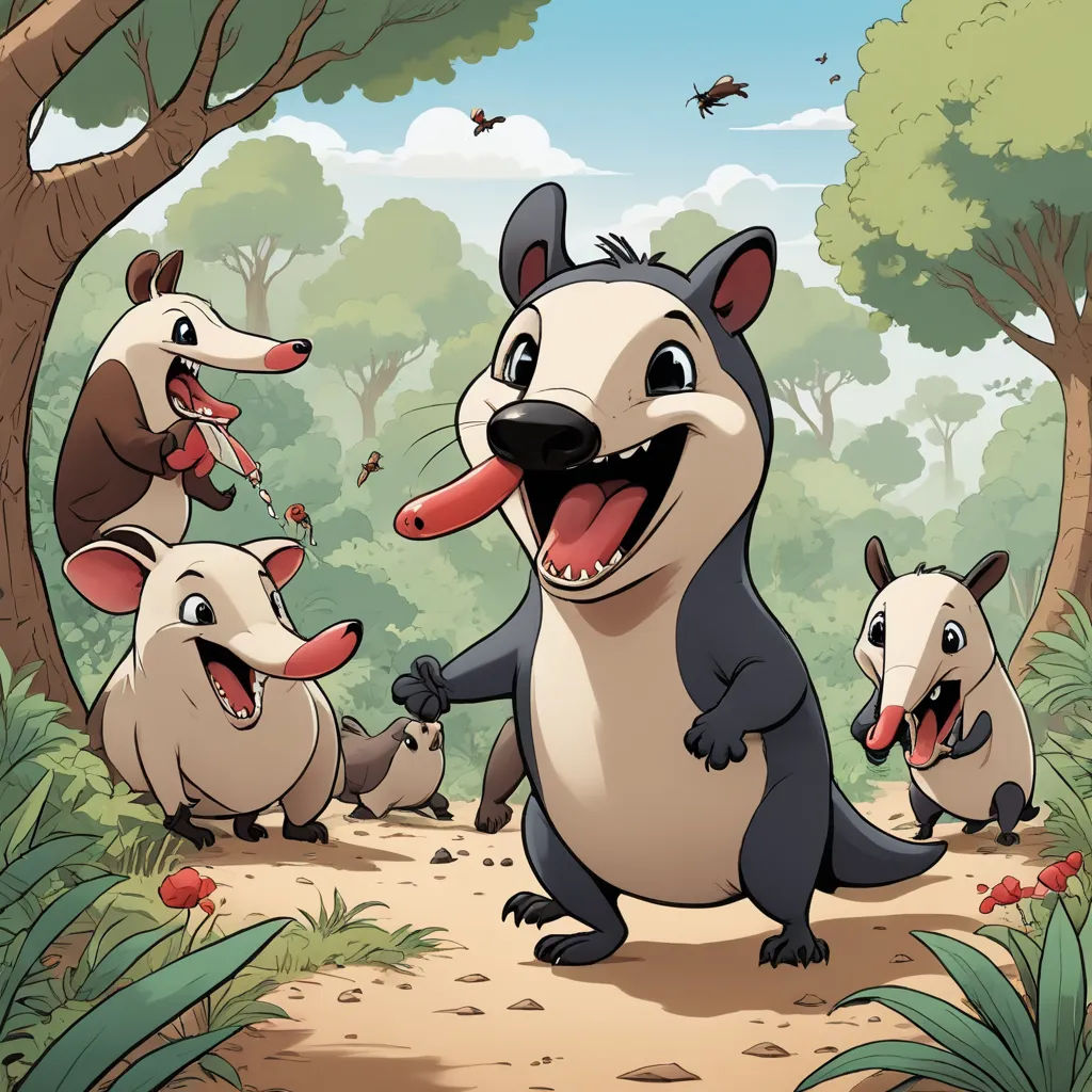 a group of animals that are standing in the dirt near trees and bushes with a sky background and a few birds flying overhead, sots art, a storybook illustration, Diego Gisbert Llorens, 2 d game art