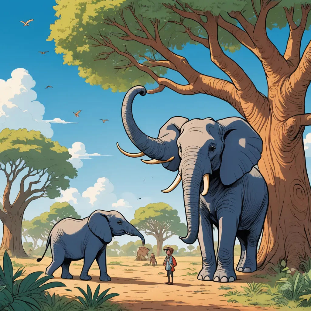 a couple of elephants standing next to a tree on a field of grass and dirt with a man standing next to it, primitivism, a storybook illustration, Chris LaBrooy, storybook illustration