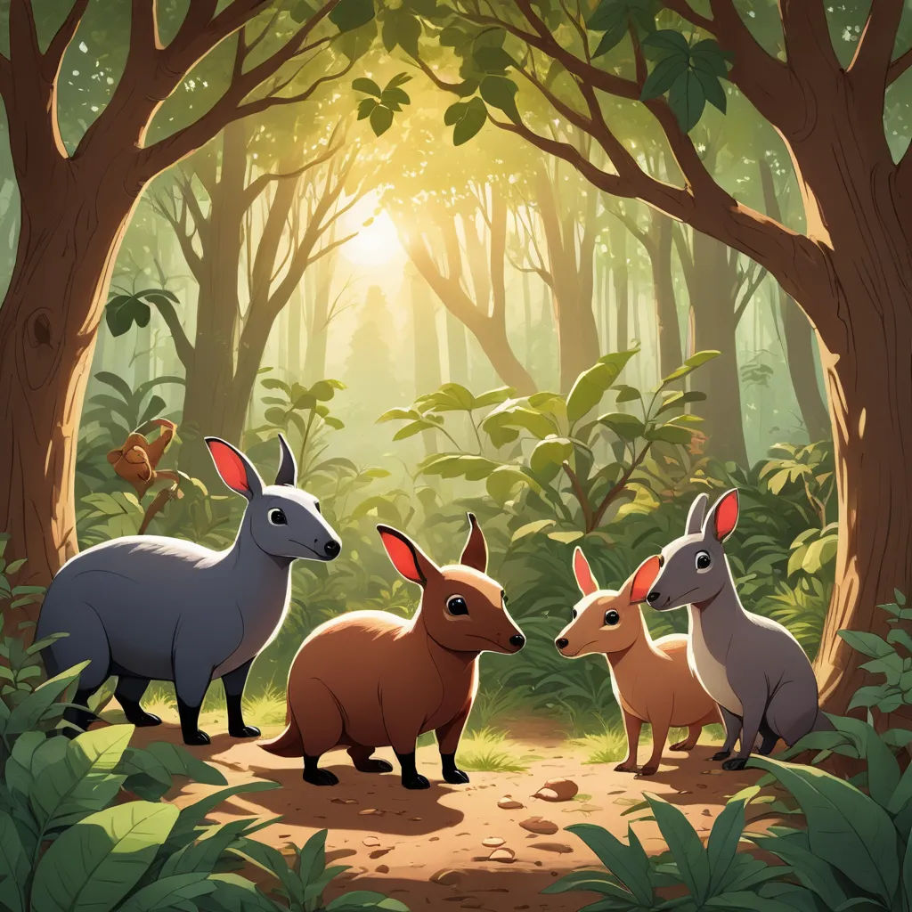 three animals standing in the middle of a forest with trees and leaves on the ground and sunlight shining through the trees, furry art, a storybook illustration, Chris LaBrooy, official art