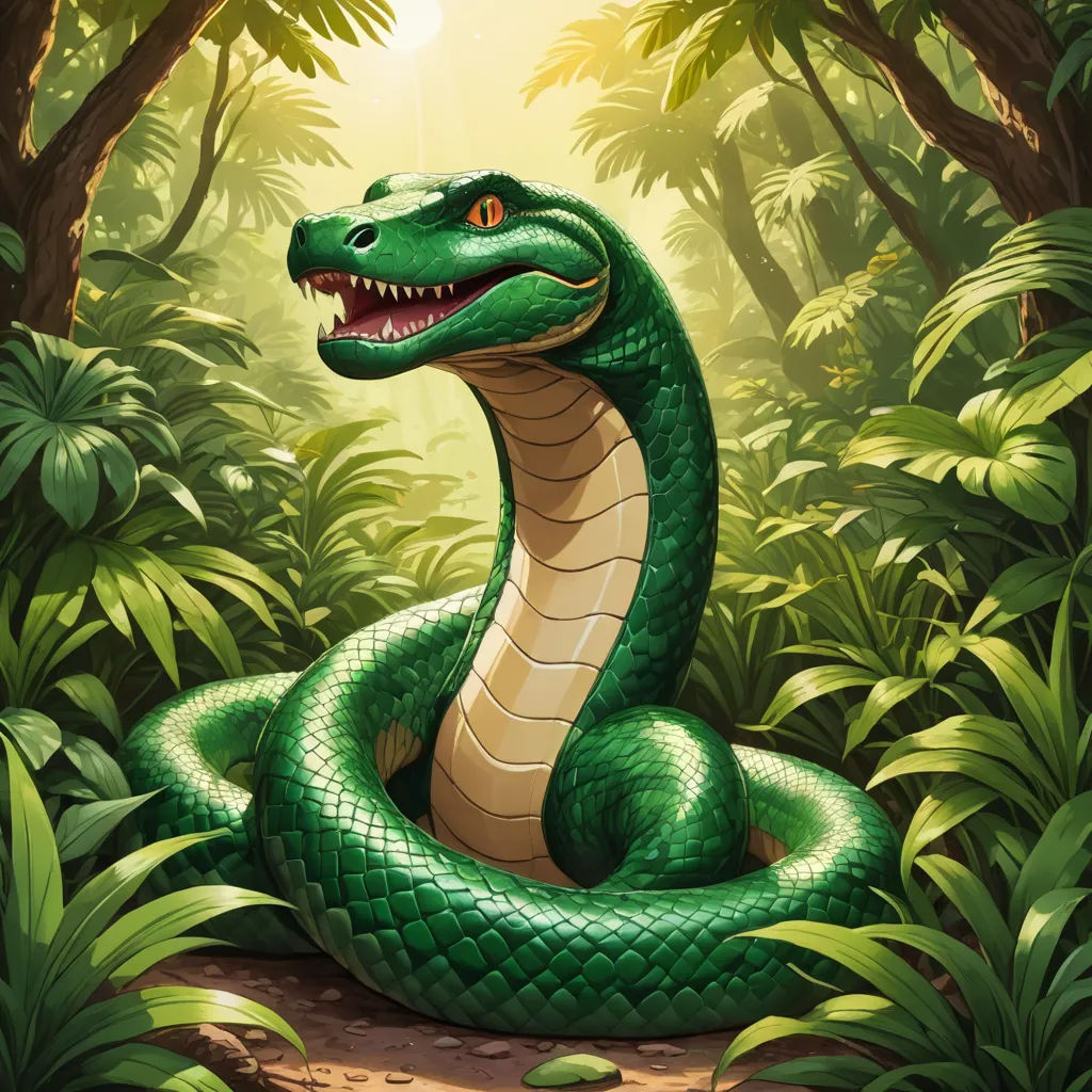 a green snake with its mouth open in the jungle with trees and plants around it, with a sunbeam in the background, cobra, a character portrait, Chris LaBrooy, magic the gathering artwork