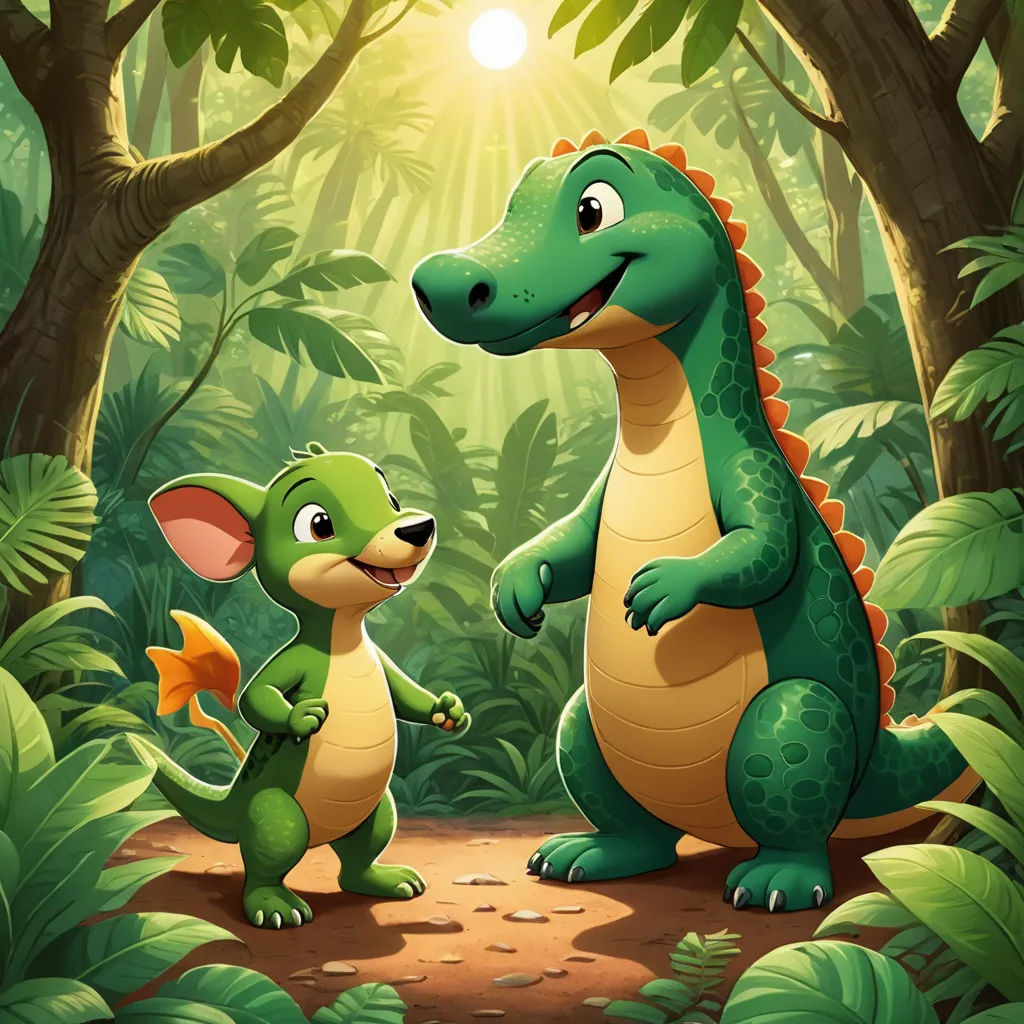 a cartoon dinosaur and a baby dinosaur in a jungle setting with sunlight shining through the trees and leaves on the ground, sots art, a storybook illustration, Chris LaBrooy, promotional image