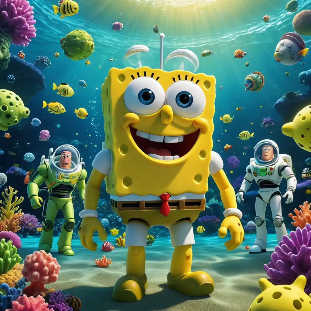 a cartoon character is standing in the ocean with other characters in the background and a bright sun in the sky, maximalism, a poster, Chris LaBrooy, promotional image