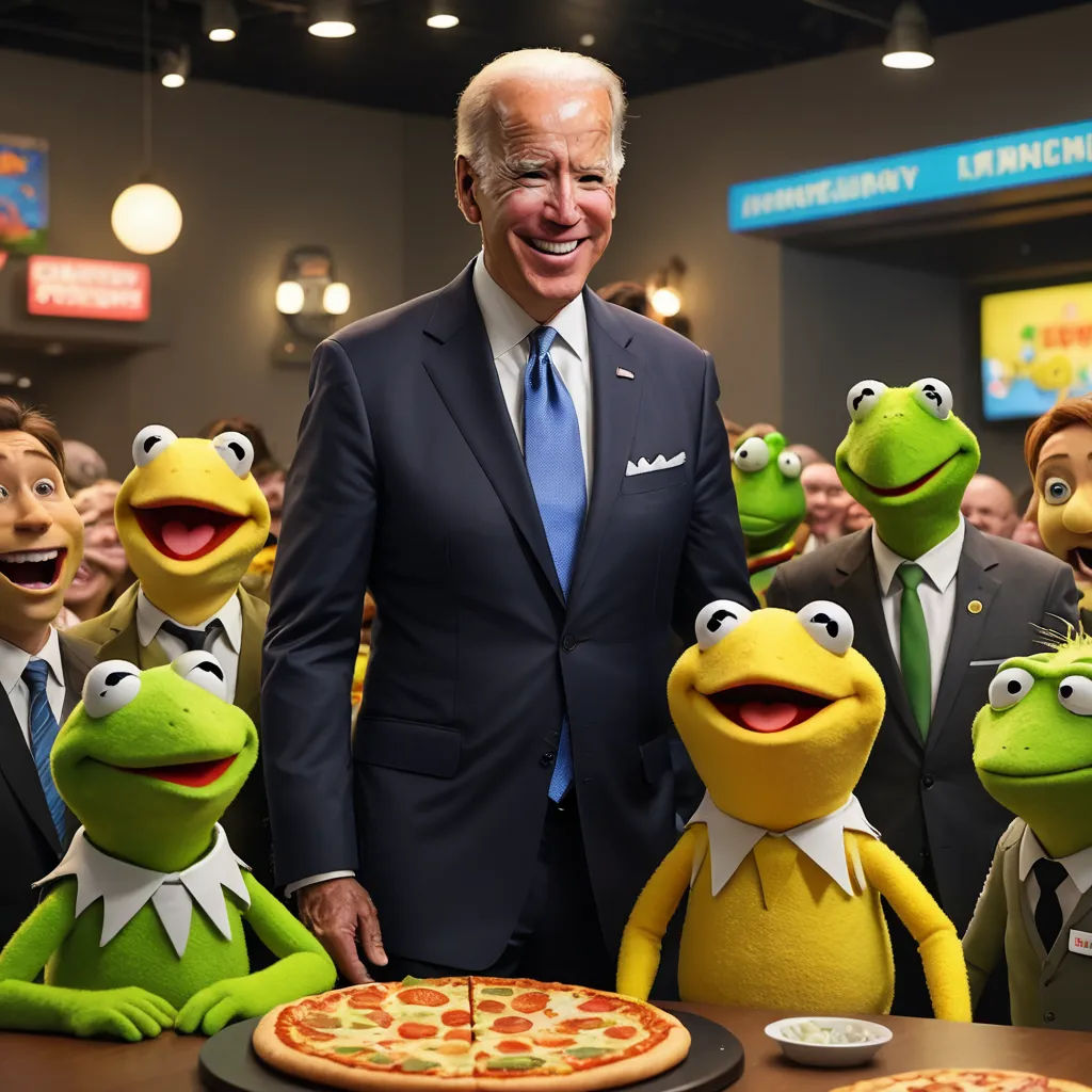a man in a suit standing next to a pizza pie with kermik the frog puppets around him, antipodeans, a stock photo, Bernie D’Andrea, promotional image