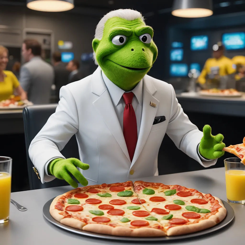 a man in a suit and tie standing in front of a pizza with a grin face on it and a glass of orange juice, symbolism, a stock photo, Adam Rex, vfx