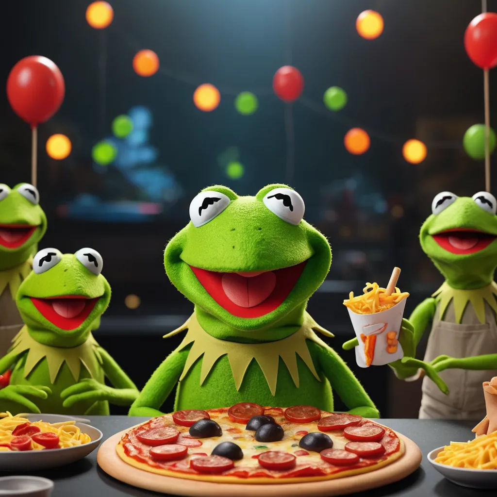 a group of kermik the frog puppets eating pizza and fries with balloons in the background and a person holding a drink, sots art, a renaissance painting, Andries Both, promotional image