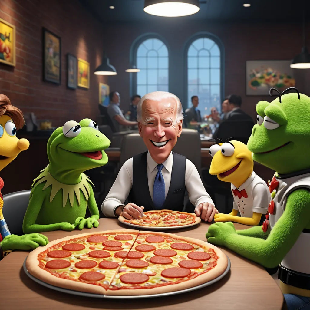 a man sitting at a table with a pizza and kermik the frog puppets around him and kermik the frog, american realism, a renaissance painting, Bernie D’Andrea, cgi