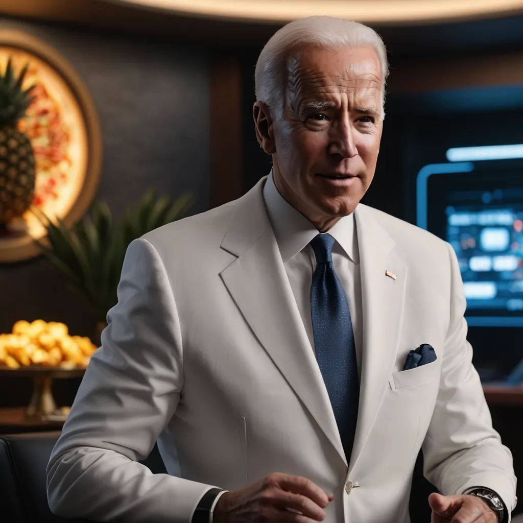 a man in a suit and tie sitting at a table with a pineapple in the background and a television in the background, afrofuturism, a hologram, Beeple, vfx