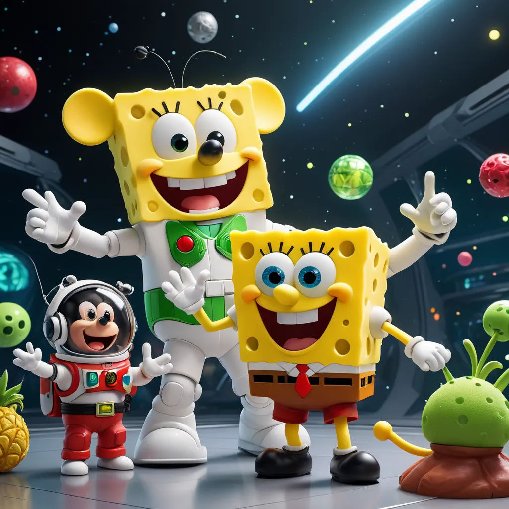 a cartoon character with a space suit and a space suit on, standing next to a spongebob, space art, a 3D render, disney, promotional image
