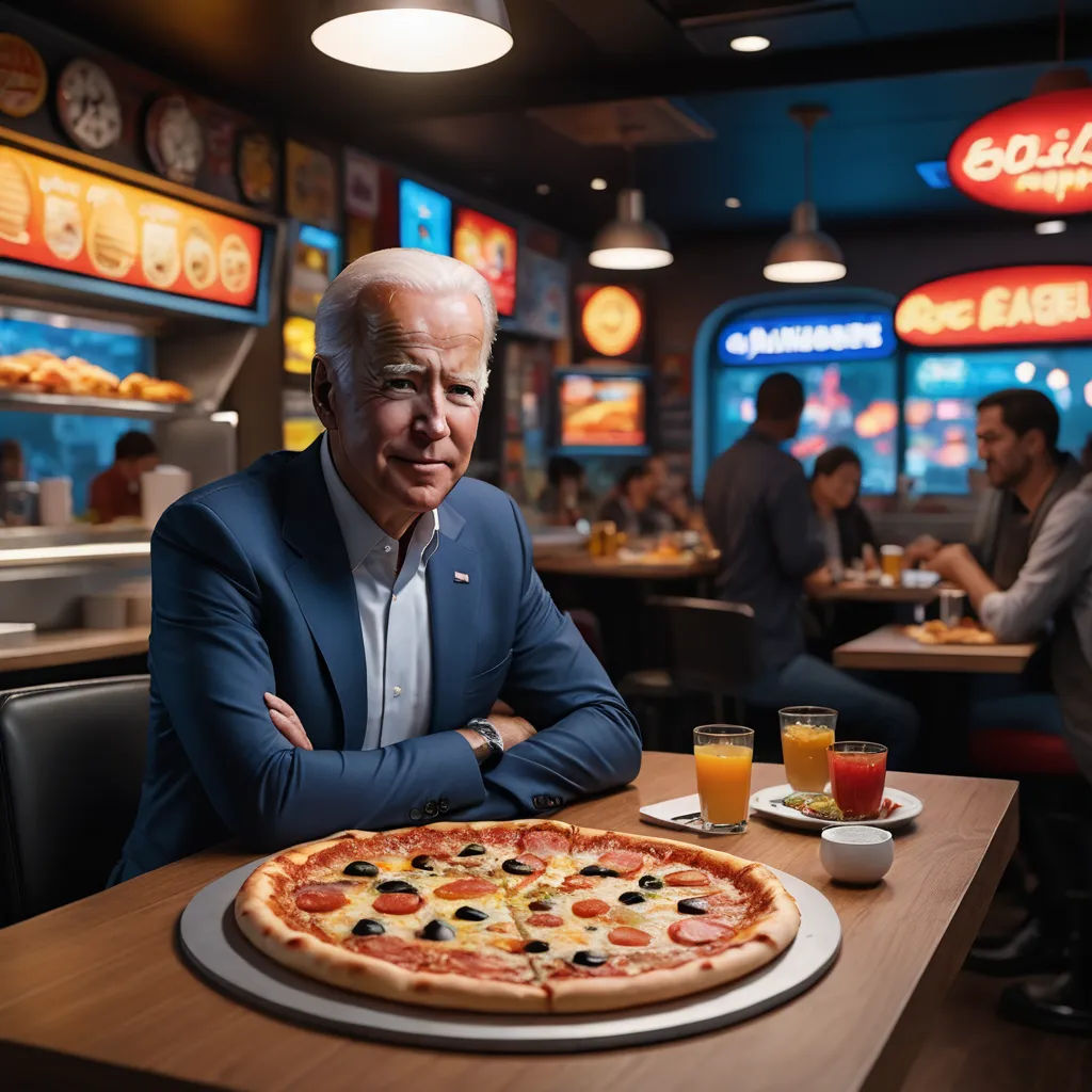 a man sitting at a table with a pizza in front of him and a glass of orange juice in front of him, american realism, a digital rendering, Beeple, unreal engine highly rendered