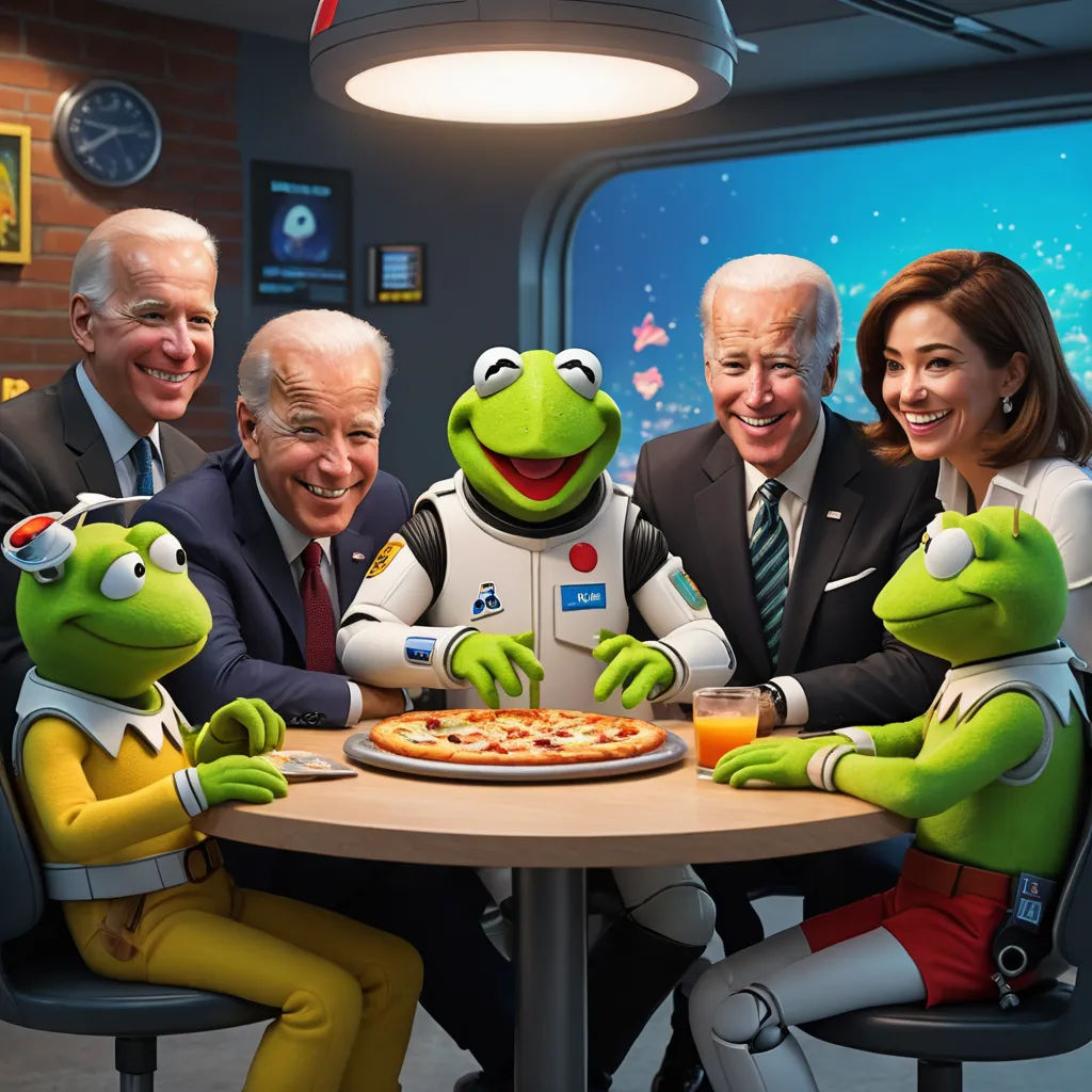 a group of people sitting around a table with a pizza on it and kermik the frog on the table, symbolism, a stock photo, Eddie Mendoza, cgi
