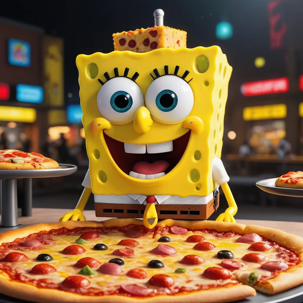 a cartoon character is sitting in front of a pizza with a slice missing from it and a slice missing from it, photorealism, a 3D render, Bob Singer, promotional image