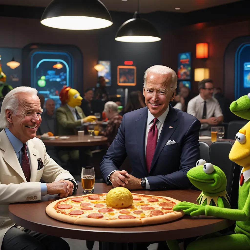 a man in a suit and tie sitting at a table with a pizza and kermik the frog, regionalism, a renaissance painting, Bernie D’Andrea, promotional image