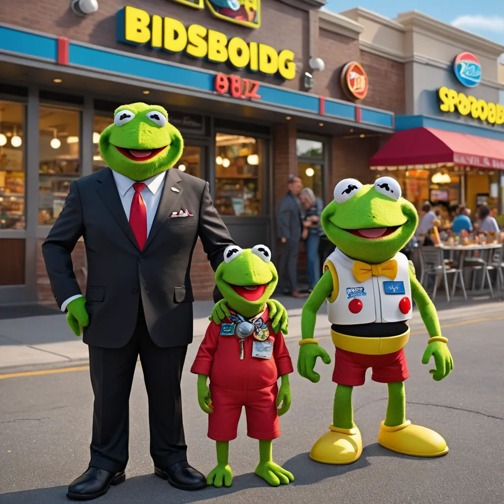 a man in a suit and tie standing next to two kermick the frog puppets in front of a store, verdadism, a stock photo, Andries Both, promotional image