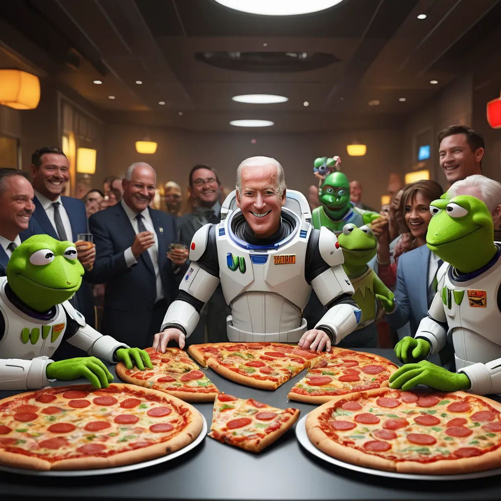 a group of people standing around a table with pizzas on it and two men in suits and ties, symbolism, a renaissance painting, Bernie D’Andrea, renaissance painting