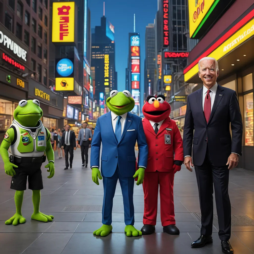 a man in a suit and two men in suits stand in front of a street with neon signs and buildings, socialist realism, a stock photo, Beeple, promotional image